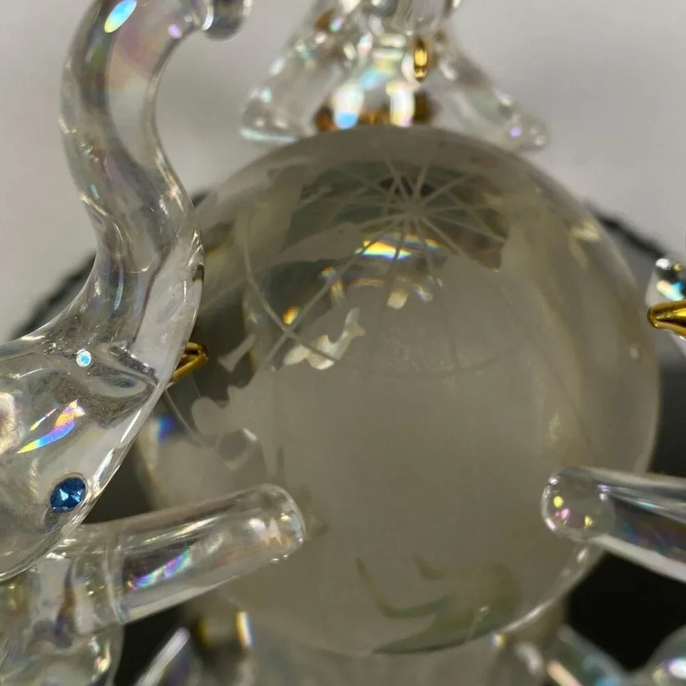 3 Hand Blown Glass Elephants on Globe Figurine Blue Rhinestone Eyes Mirror Base - Picture 8 of 11